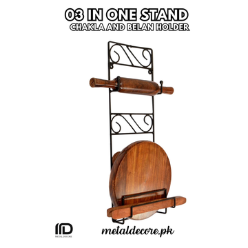 3 in 1 Wrought Iron Chakla Belan Stand – Elegant Black Finish