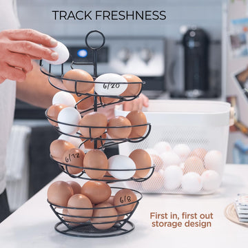 Fresh Egg Holder Countertop – Spiral Egg Skelter with Storage Basket | Large Capacity Egg Organizer for Kitchen (Holds Up to 2 Dozen Eggs)