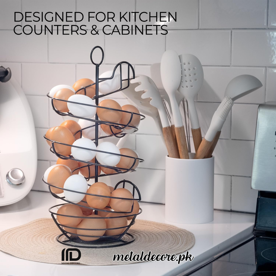 Fresh Egg Holder Countertop – Spiral Egg Skelter with Storage Basket | Large Capacity Egg Organizer for Kitchen (Holds Up to 2 Dozen Eggs)