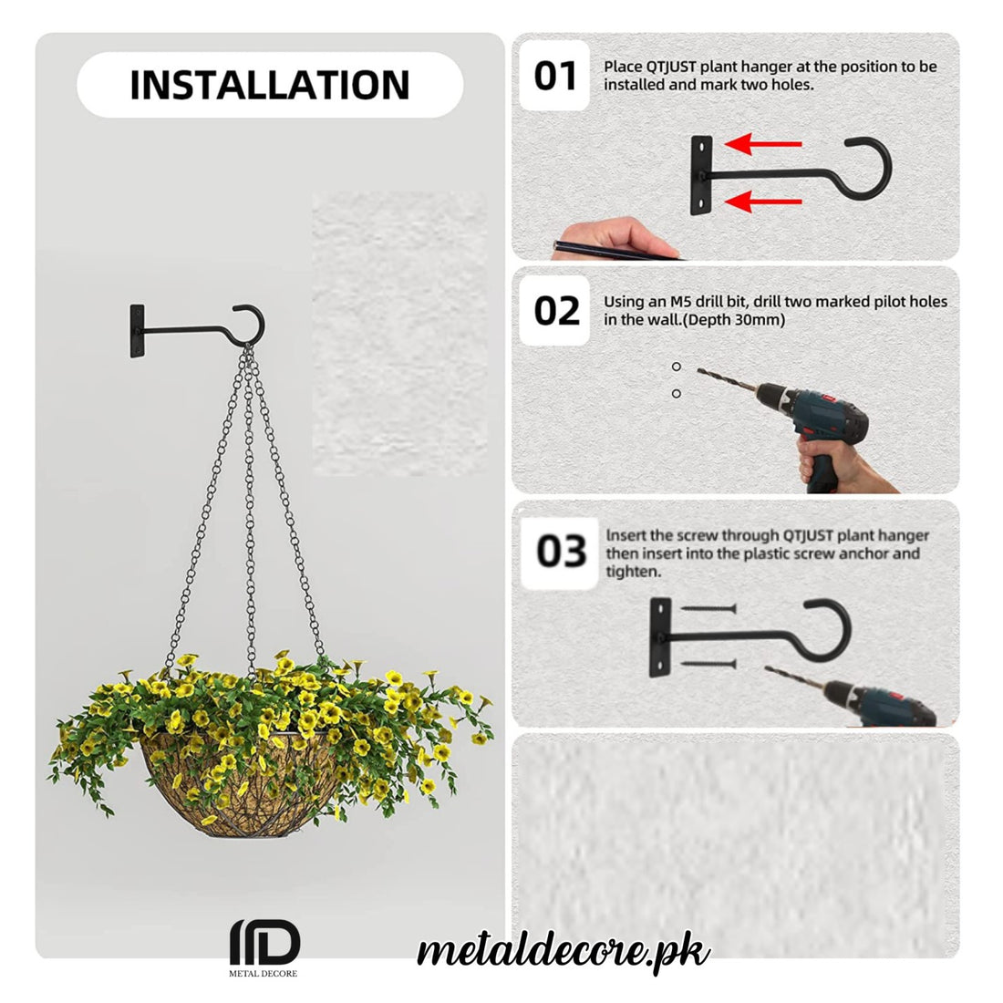 Hanging Plant Bracket 6 Inch – Metal Plant Hanger Hook | Black | Pack of 4 | MetalDecore.pk