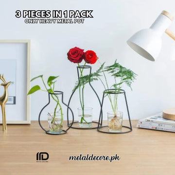 Pack of 3 Creative Iron Vase Planter Rack – Modern Nordic Flower Pot Shelf Stand | Black Metal Home Decor | MetalDecore.pk