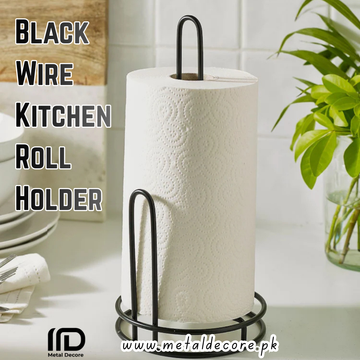 Black Wire Kitchen Tissue Roll Holder – Modern Countertop Paper Towel Stand metaldecore.pk