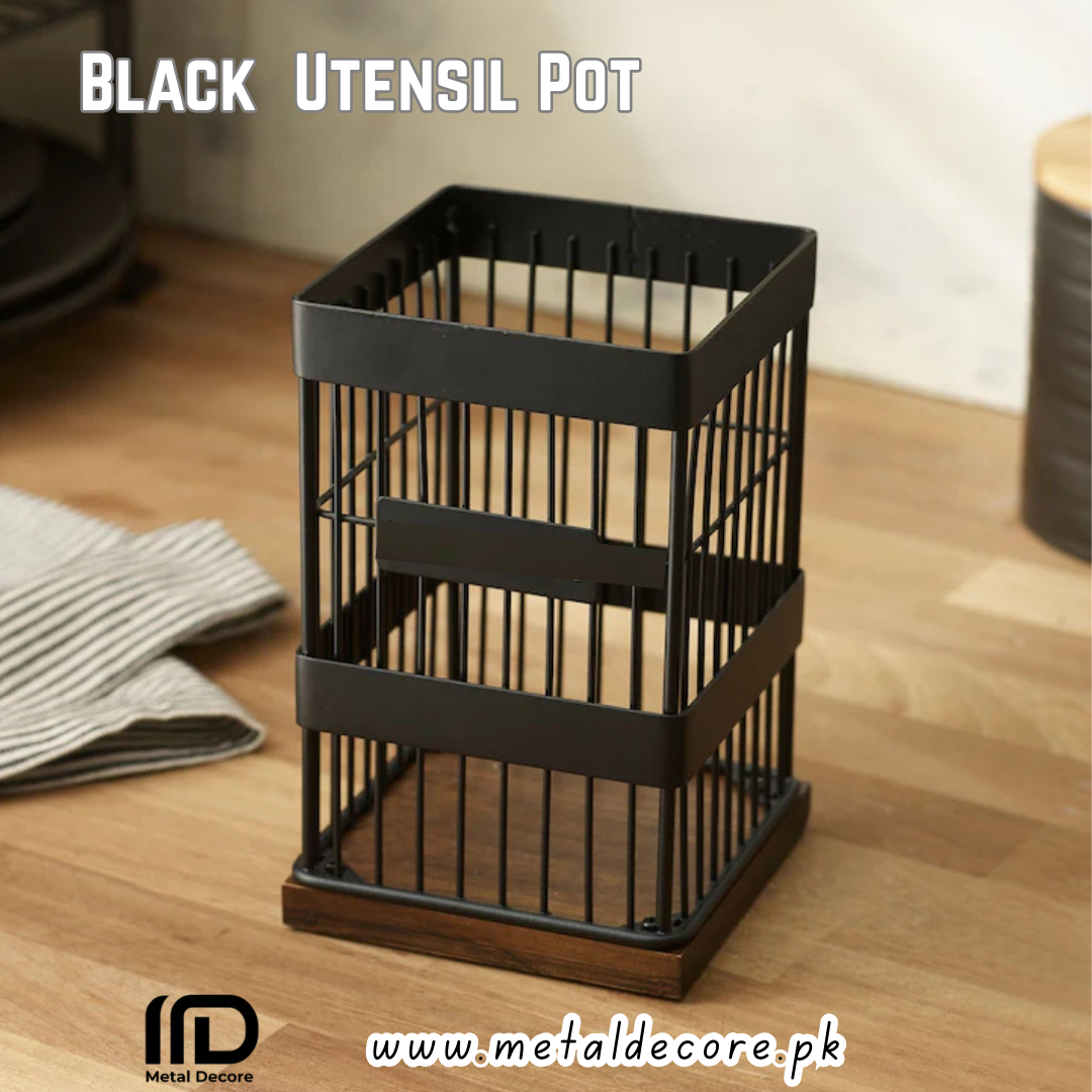 Black Utensil Holder – Metal & Wood Kitchen Organizer Pot