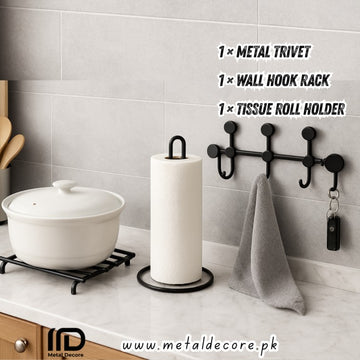 Premium Black Iron Kitchen Organizer Combo (Tissue Holder + Trivet + Wall Hook)