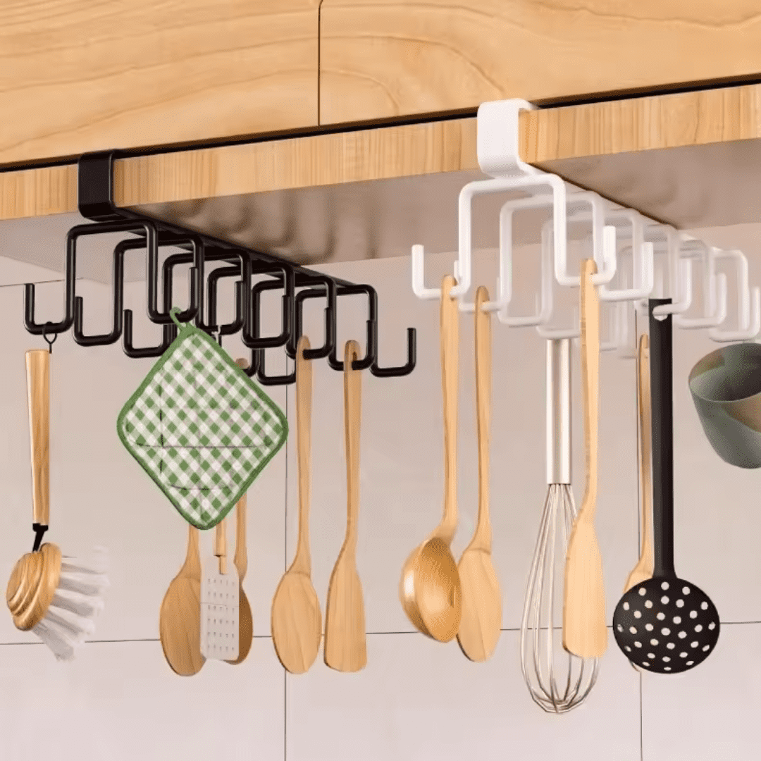 Punch-Free Double Row Kitchen Hooks | Under Cabinet Cup Holder Rack - Image 5